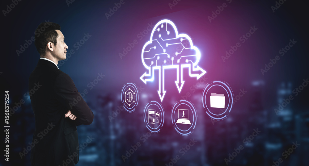 Poster cloud computing enables digital growth with secure data storage, scalable infrastructure, and strate