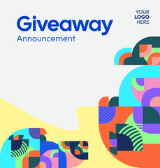 Square template for social media post announcement of giveaway winner with colorful geometric ornaments. Perfect for online store business marketing. Attractive giveaway background