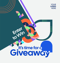 Square template for social media post announcement of giveaway winner with colorful geometric ornaments. Perfect for online store business marketing. Attractive giveaway background