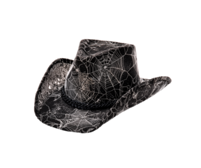 Black cowboy hat with white spider web pattern and braided band isolated on transparent background