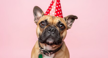 Funny French Bulldog with birthday party hat looking at camera. Dog celebration portrait with red spotted cone hat against pastel pink backdrop. Pet birthday and party concept.