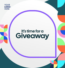 Square template for social media post announcement of giveaway winner with colorful geometric ornaments. Perfect for online store business marketing. Attractive giveaway background