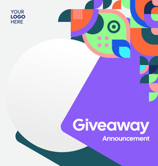 Square template for social media post announcement of giveaway winner with colorful geometric ornaments. Perfect for online store business marketing. Attractive giveaway background