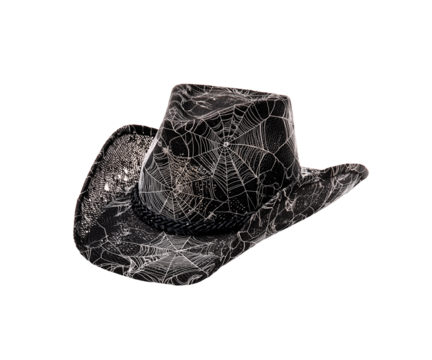Black cowboy hat with white spider web pattern and braided band isolated on transparent background