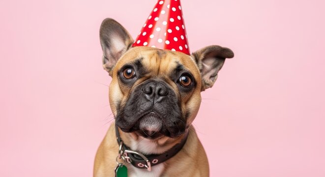 Funny French Bulldog with birthday party hat looking at camera. Dog celebration portrait with red spotted cone hat against pastel pink backdrop. Pet birthday and party concept.