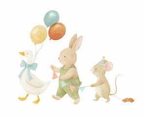 Adorable watercolor illustration of a duck, bunny, and mouse in a festive parade with balloons and flags. Ideal for baby decor, nursery prints, and children's party invitations.