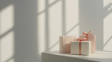 Light-colored gift boxes on a white table. The presents are wrapped in pale pink and cream paper with elegant satin ribbons in a matching peach hue. Soft natural light streams through a window.