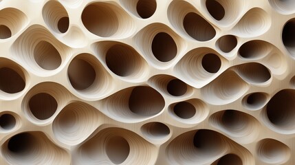 An abstract, openwork pattern resembling smooth, organic cavities carved into a light wooden surface. These rounded, layered holes create a sense of depth and texture, mimicking forms found in nature 