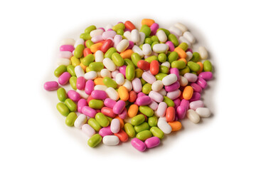 Sweet multicolored candies isolated on white background.