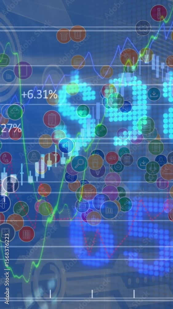 Poster animation of data processing over network of connections with icons on blue background
