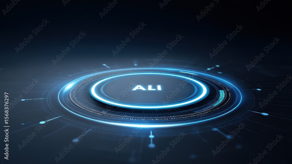 Poster abstract futuristic design with glowing circular elements and the word 'ali' in the center on a dark