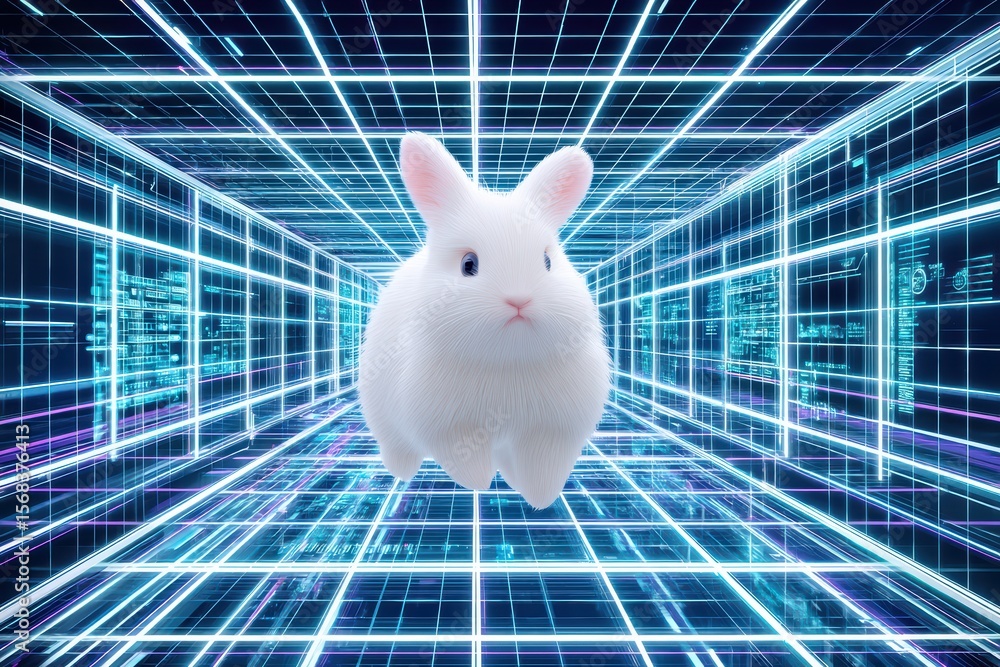 Poster cute white rabbit floating in a digital grid with glowing lines and futuristic background in a surre