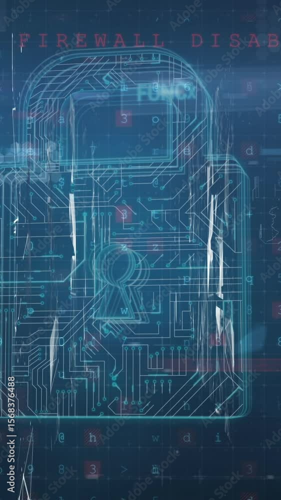 Poster animation of data processing and padlock on blue background