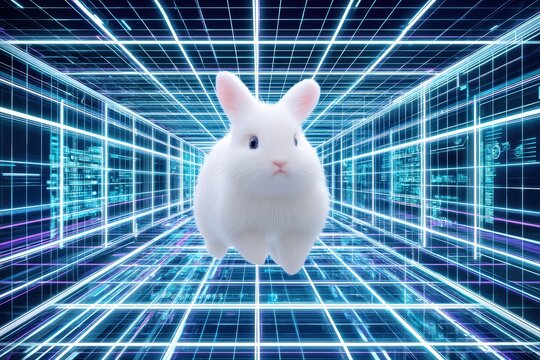 Cute white rabbit floating in a digital grid with glowing lines and futuristic background in a surreal environment - Powered by Adobe