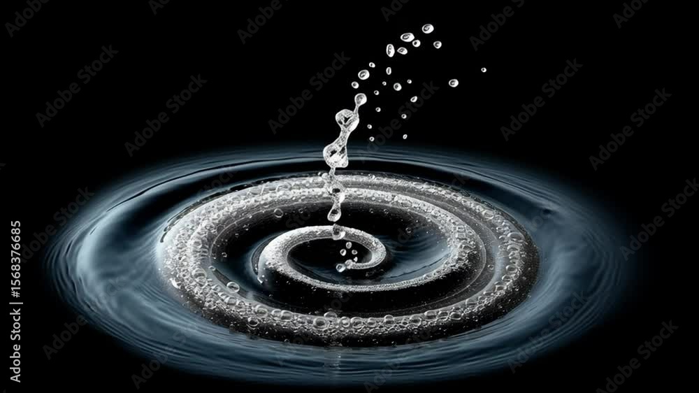 Poster single water droplet is falling into a circular pool of water, creating a swirling pattern. the imag