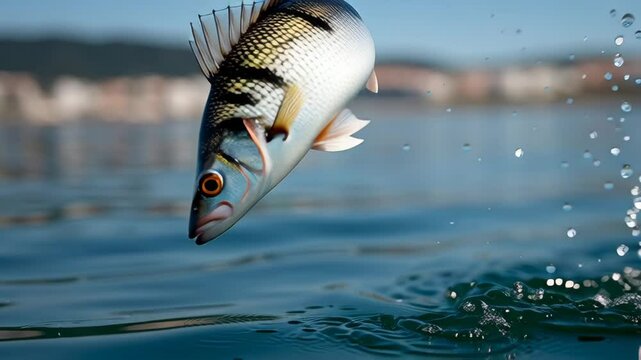 Fish is jumping out of the water. The water is blue and the fish is in the middle of the water