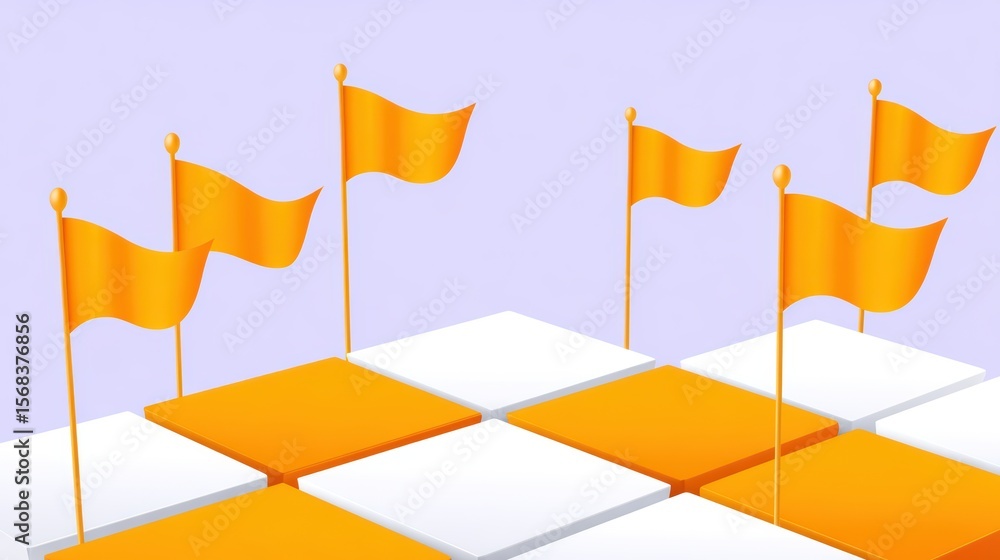 Poster colorful orange flags displayed on a unique white and orange platform with a purple background for c