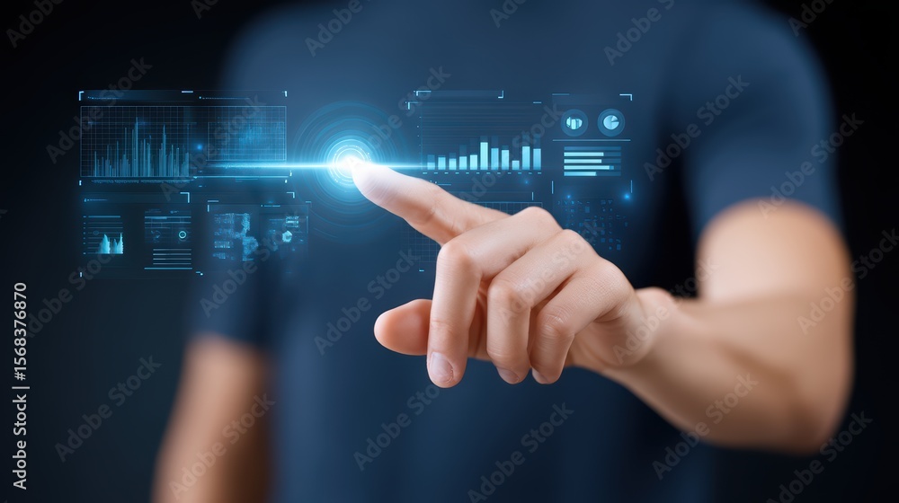 Poster touching digital interface with data and graphs in futuristic technology concept
