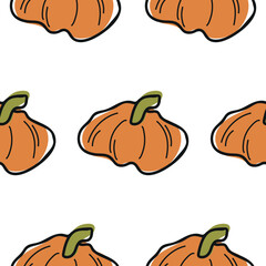pattern with a cute simple icon of a round bright orange pumpkin with a green tail in a cartoon doodle style, for autumn holidays, advertising and seasonal packaging
