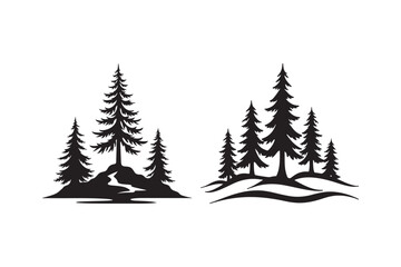Stylized black silhouette of evergreen trees with a winding river and hills