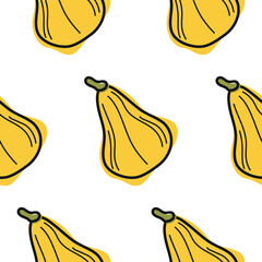 pattern with cute simple icon of long, yellow pumpkin in cartoon doodle style, for autumn holidays, advertising and seasonal packaging
