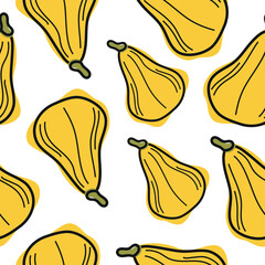 seamless pattern with cute simple icon of long, yellow pumpkins in cartoon doodle style arranged randomly, for autumn holidays, advertising and seasonal packaging