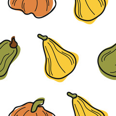 pattern of cute simple icons of various pumpkins of different shapes and colors, for autumn holidays, advertising and seasonal packaging