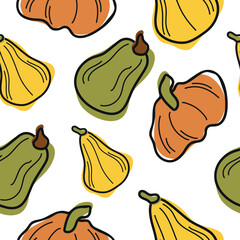 seamless pattern of cute simple icons of various pumpkins of different shapes and colors arranged randomly, for autumn holidays, advertising and seasonal packaging
