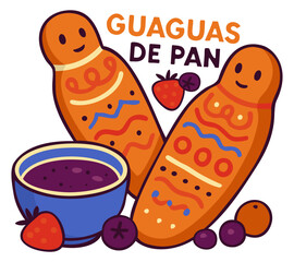 Guaguas de pan and colada morada. Traditional Ecuadorian dish. Vector isolated illustration with lettering