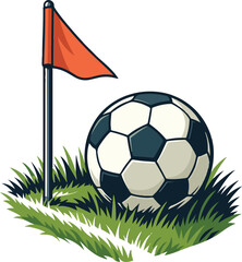 Soccer Ball at Corner: A detailed illustration of a soccer ball resting beside a corner flag, set in a well-manicured grassy area, perfectly capturing the essence of the sport. © Natural vibes