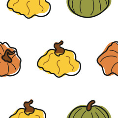 pattern of cute simple icons of various pumpkins of round shape and various colors, for autumn holidays, advertising and seasonal packaging