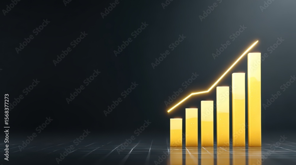 Poster yellow bar graph illustrating growth on a dark background with a rising trendline and reflection for