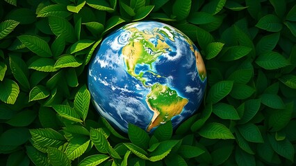Earth globe surrounded by lush green leaves, symbolizing environmental awareness under natural ambient light.