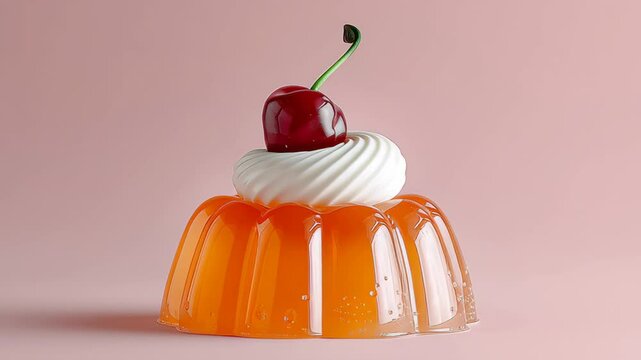 Cherry on top of a dessert. The dessert is a jelly filled dish. The cherry is red and the jelly is orange