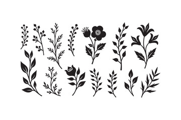 Collection of black silhouette floral and botanical elements on white background © Sadek