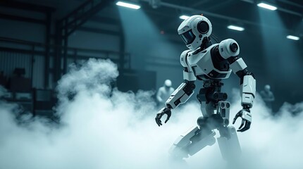 Fototapeta premium Robot walks through volumetric fog area