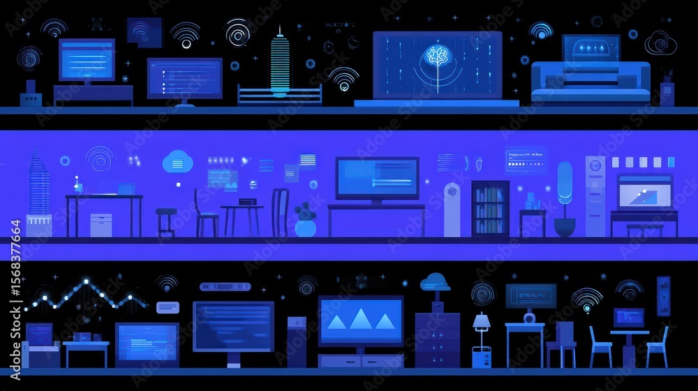 Poster modern digital workspace concept with technology integration and futuristic elements in blue color p