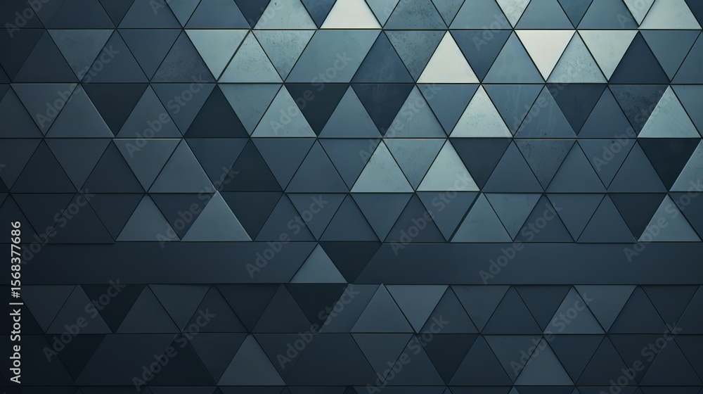 Poster wall of triangles in a blue color. the wall is made of squares and triangles