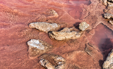 Close-up view of natural salt crust formations in the pink salt lagoon at Paracas National Reserve, Peru.