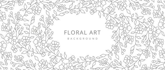 Abstract Floral line art frame. Luxury background with hand drawn minimal flowers, branches and leaves. Vector illustration for card, banner, print, poster, cover, wedding invitation, packaging