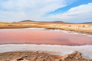 View of the pink salt lagoon set against the desert dunes in Paracas National Reserve, Peru.