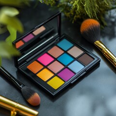 A makeup palette mockup with vibrant colors, resting on a glossy table with some makeup brushes beside it