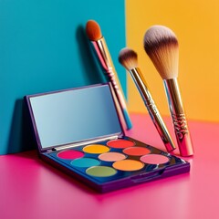 A makeup palette mockup with vibrant colors, resting on a glossy table with some makeup brushes beside it