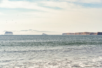 Dramatic landscape with the rocky coastline of the Pacific ocean in Paracas National Reserve, Peru.