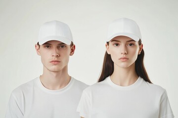 A man and woman side by side, both wearing blank white caps