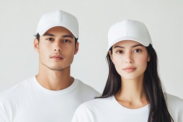 A man and woman side by side, both wearing blank white caps