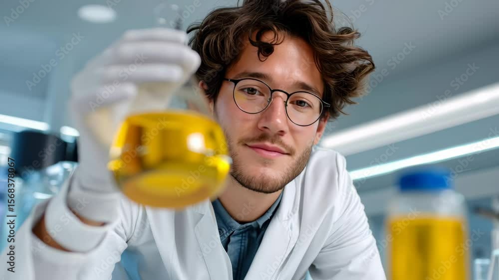Poster man in a lab coat is wearing glasses and smiling. he is standing in front of two bottles, one of whi
