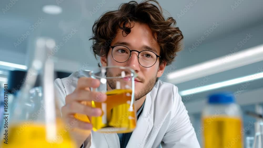 Aufkleber man in a lab coat is wearing glasses and smiling. he is standing in front of two bottles, one of whi