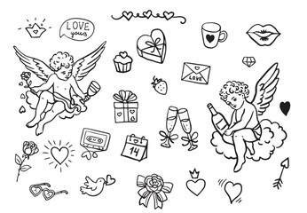 Cupid and love elements icon set. Love and valentine's day symbol. Isolated vector black hand drawn image.