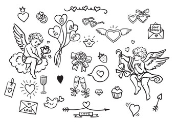 Cupid and love elements icon set. Love and valentine's day symbol. Isolated vector black hand drawn image.